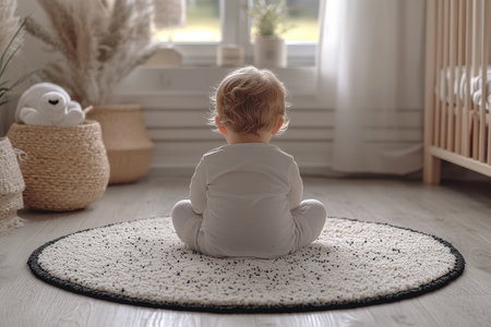 A small child crawls on a round rug with black hemming in a light, airy nursery room. The space is empty of furniture, providing a serene atmosphere and a focus on the rug.の素材