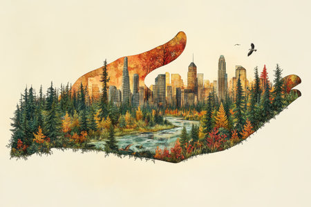An intricate design of a human hand merges city skyscrapers with lush forests, flowing rivers, and wildlife.の素材