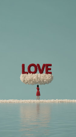 A serene setting features a stunning combination of Tiffany blue background and white petals creating the word love, reflected on a peaceful water surface in a minimalist design.の素材