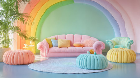 A stylish basement features a pastel rainbow wall backdrop, showcasing a comfy pink couch, colorful cushions, and unique crochet poufs. Cacti and cheerful decor enhance the inviting atmosphere.の素材