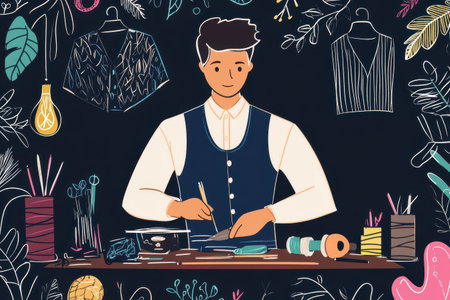 A neon-outlined cartoon fashion designer is focused on creating a vibrant clothing collection.の素材