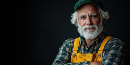 A white-haired fisherman with a friendly expression stands confidently with arms crossed. He wears yellow overalls and a tartan shirt, highlighting his character against a dark backdrop.の素材