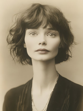 A female figure with intense, wide eyes and disheveled hair gazes at the viewer. Her gaunt face and sharp features are highlighted by early 20th-century formal wear, creating an unsettling atmosphere.の素材