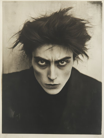 A female figure with wide eyes and disheveled hair gazes intensely with pronounced cheekbones and a sharp jawline. Dressed in early 20th-century formal attire, her expression captivates.の素材