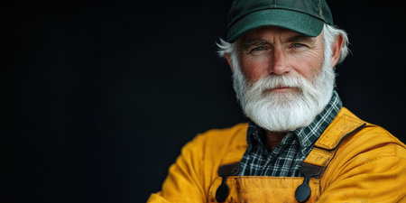 A white-haired fisherman with a friendly expression poses with arms crossed. He wears yellow overalls and a green cap, showcasing a tartan shirt, emphasizing his character against a dark backdrop.の素材