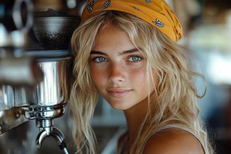 A beautiful girl with blonde hair in a yellow bandana is holding freshly brewed coffee. She smiles warmly while standing near a metal coffee machine. The cozy atmosphere enhances the moment.の素材