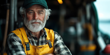 A burly, white-haired fisherman stands confidently with arms crossed, facing the camera. Dressed in a yellow overall and a tartan shirt, he exudes warmth against a dark backdrop.の素材