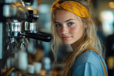 A girl with stunning blonde hair tied back in a barista style wears a yellow bandana. She holds freshly brewed coffee from a metal machine, ready to serve in an inviting cafe atmosphere.の素材