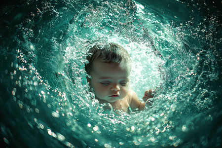 A newborn baby floats in turquoise water, surrounded by bubbles, illuminated by a central light source. The enchanting light creates dynamic shadows, evoking a mysterious ocean atmosphere.の素材