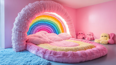 The cozy basement features a large pastel rainbow crochet bed with fluffy blankets and pillows. Playful plush toys complement the cheerful decor, creating a whimsical and inviting atmosphere.の素材