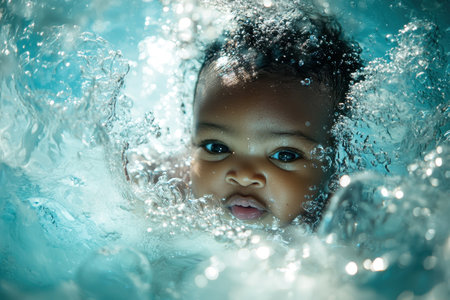 Bubbles surround a newborn African baby in turquoise water, with a central light source creating captivating light and shadow effects.の素材