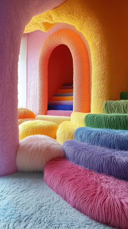 A creative basement filled with pastel rainbow crochet, showcasing plush, colorful steps and arches in a playful design that invites relaxation and imagination, beautifully lit with soft colors.の素材