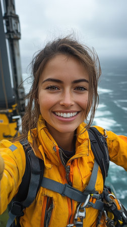A technician is showing a thumbs up while working on a large wind turbine at sea. Dressed in bright yellow and orange high-visibility gear, safety is evident in this offshore environment.の素材