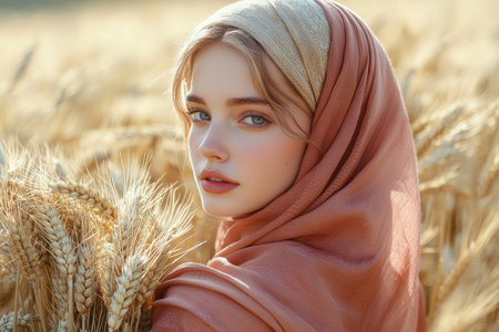 A photorealistic caucasian woman, dressed in a magenta kaftan and hijab, looks over her shoulder while holding wheat.の素材