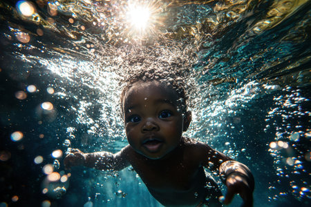 A newborn baby swims through turquoise water, illuminated by a central light source. Bubbles surround the child, creating a dynamic and mysterious underwater atmosphere rich in light and shadow.の素材
