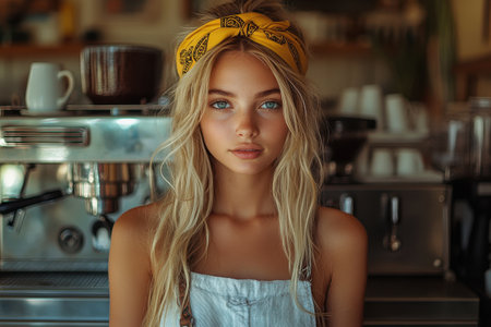 A girl with stunning blonde hair tied up with a yellow bandana holds a cup of freshly brewed coffee. She stands in a warm cafe, showcasing her skills on a metal coffee machine.の素材
