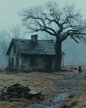 In Ukraine during 2024, an abandoned house stands in a foggy landscape. Dark green hues dominate the scenery, evoking a somber yet captivating atmosphere.の素材