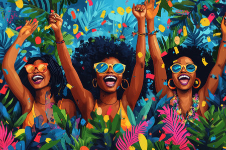 A lively gathering captures black friends joyfully celebrating together with colorful decorations and tropical plants surrounding them. Their laughter and enthusiasm create a festive vibe.の素材
