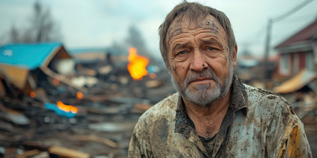 A middle-aged man with a muddy face wears a faded shirt, embodying resilience amidst devastation.の素材