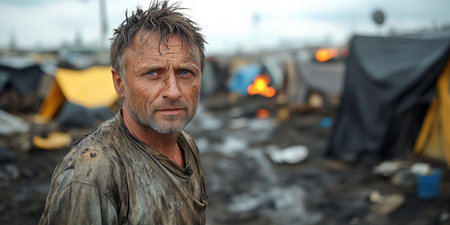 A middle-aged man stands near a burned-out building, his face revealing exhaustion and resilience. Mud covers his shirt and face as he faces a scene of scattered debris and make tentshifts.の素材