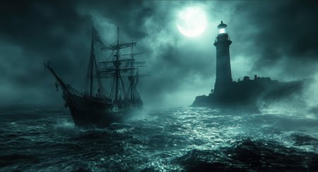 A dark and eerie night setting features a sailing ship navigating through turbulent waters.の素材