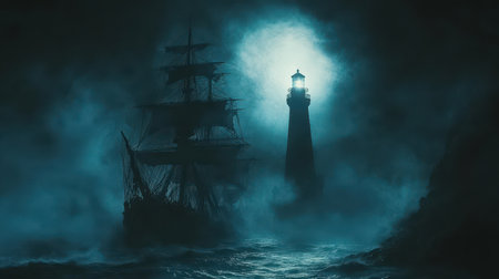 An ancient ship navigates the deep sea on a dark night, its silhouette contrasting against the bright light of a far-off lighthouse guiding its journey amid the fog.の素材