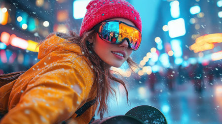 A young woman with vibrant skiing gear smiles while skateboarding through a snowy city. She wears colorful goggles and is surrounded by illuminated urban buildings, creating a lively atmosphere.の素材
