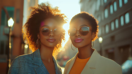 Two beautiful women bask in warm sunlight, showcasing a glowing skincare range in blush pink and sage green attire. Their joyful expressions highlight the perfect skincare for radiant skin.の素材