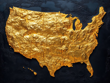 A top-down view reveals a detailed map of the United States crafted from gold, contrasted against a sleek black background. The shimmering highlights texture states each unique shape.の素材