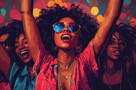 A lively party is in full swing as friends enjoy each others company. The atmosphere is filled with laughter, dancing, and colorful lights creating an exciting summer night vibe.の素材