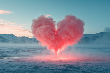 Thick pink smoke forms a heart shape, contrasting beautifully with the clear blue sky and snowy ground below. This enchanting sight creates a whimsical and romantic atmosphere at dusk.の素材