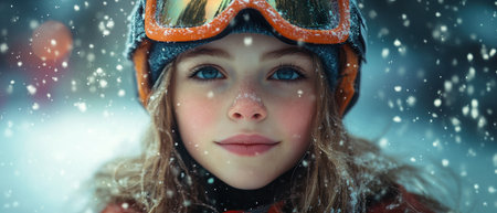 A young beautiful woman skates gracefully on a snowy surface in a park. Snowflakes fall gently around her, creating a serene winter atmosphere. The cold weather highlights its vibrant energy.の素材