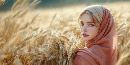 A woman with a natural look, wearing a magenta kaftan and hijab, gazes over her shoulder while holding wheat. She stands in a golden wheat field during the soft light of evening.の素材