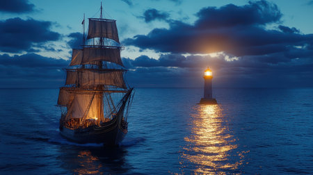 An ancient ship navigates the deep sea, illuminated by the distant glow of a lighthouse. The night is dark, highlighting the contrast of light guiding the vessel through the water.の素材