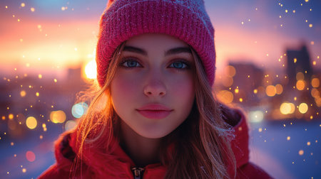 A young skate woman, wearing a warm red hoodie and pink beanie, stands against a colorful winter sunset. City lights twinkle in the background, creating a vibrant atmosphere.の素材