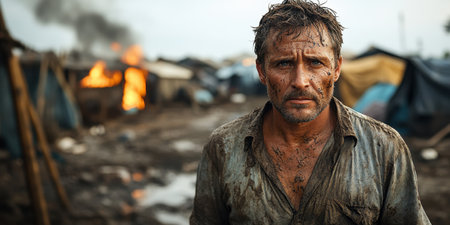 A middle-aged man in a faded shirt stands near a burned-out building, his muddy face reflecting exhaustion and resilience.の素材