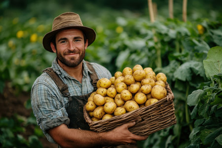 A close-up view shows a farmer in a plaid shirt and hat proudly holding a large basket overflowing with freshly harvested potatoes.の素材