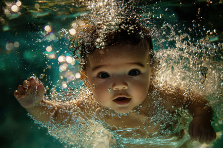 A newborn baby is gracefully suspended underwater, surrounded by radiant bubbles. A central light source creates enchanting light and shadow effects, contributing to the mysterious ocean atmosphere.の素材