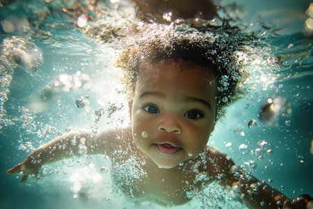 Bubbles dance around a newborn African baby as they swim through turquoise water. A central light source creates a mesmerizing play of light and shadows, enhancing the oceans mysterious atmosphere.の素材