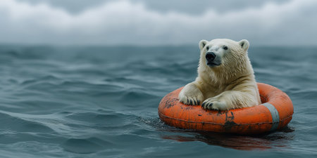 A polar bear sits comfortably on a bright orange life ring, drifting in the expansive ocean. Surrounding waters appear calm yet endless, with a moody sky overhead, creating a unique atmosphere.の素材