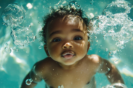 A newborn African baby floats amidst bubbles in turquoise water. The central light source creates captivating light and shadow effects, enhancing the mysterious ocean atmosphere surrounding the child.の素材