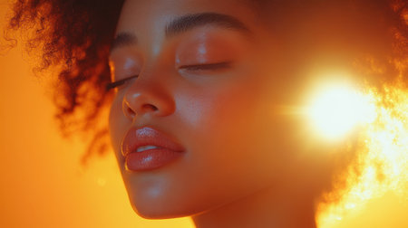 A soft makeup brush gently applies highlighter on a radiant cheekbone, while warm sunlight casts a serene glow, creating an ethereal atmosphere of beauty and elegance.の素材
