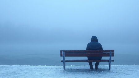 A solitary figure sits on a bench, gazing at a foggy waterfront. Cold blue and gray tones create a mood of introspection and isolation.の素材