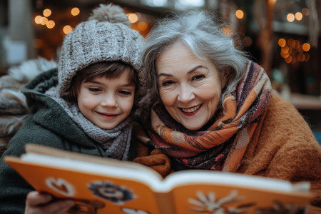 An Aboriginal grandmother teaches her grandchildren traditional painting, creating symbols in a cozy, warm atmosphere that radiates love and connection. The family enjoys a peaceful moment together.の素材