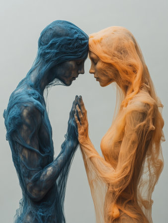 A couple, represented as blue and yellow smoke figures, almost touch hands while moving apart. The gray background adds depth to the scene, emphasizing their emotional connection.の素材