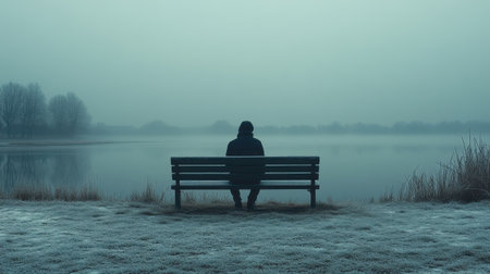 A person sits alone on a bench, facing a vast, fog-covered waterway. Dressed in dark clothing, they contemplate the cold, muted surroundings, embodying solitude and introspection.の素材