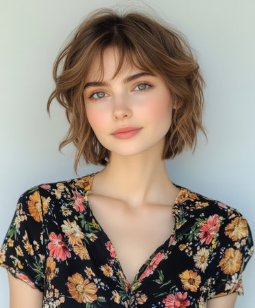 A young woman sits in a bright studio as a makeup artist enhances her look. She wears a colorful floral outfit, highlighting her fresh and natural beauty. The light background complements her style.の素材