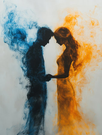A couple is nearly touching their hands, separated by delicate, swirling blue and yellow smoke. The background is a simple grey, highlighting their connection despite the distance.の素材