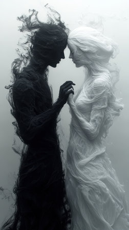 A couple stands on a gray background, almost touching their hands. He is formed from black smoke and she from white smoke, depicting a captivating contrast of elements and emotions.の素材