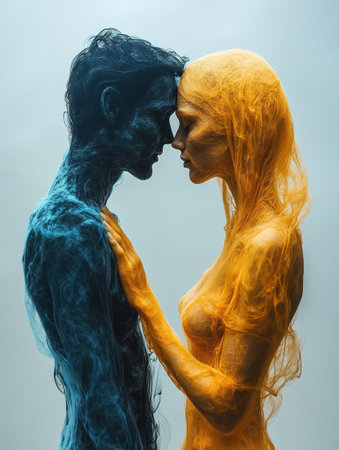A couple stands close, their hands nearly touching. He embodies blue smoke while she represents yellow smoke. The contrasting colors enhance the emotional distance between them.の素材